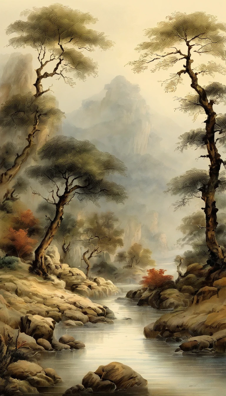 Chinese landscape painting,ink and watercolor painting,water ink,ink,Smudge,Faraway view,Ultra-wide viewing angle,Meticulous,Five cow diagram,Five scalpers,River side,Small Stone Bridge,grassy fields,The tree,The vista is a mountain,(8k wallpaper),(light and shadow effect),rendering by octane,White balance design,Extremely detailed picture depiction,wide angles,depth of fields,tmasterpiece,realisticlying,Beautifully depicted,A detailed,acurate,Works of masters,tmasterpiece