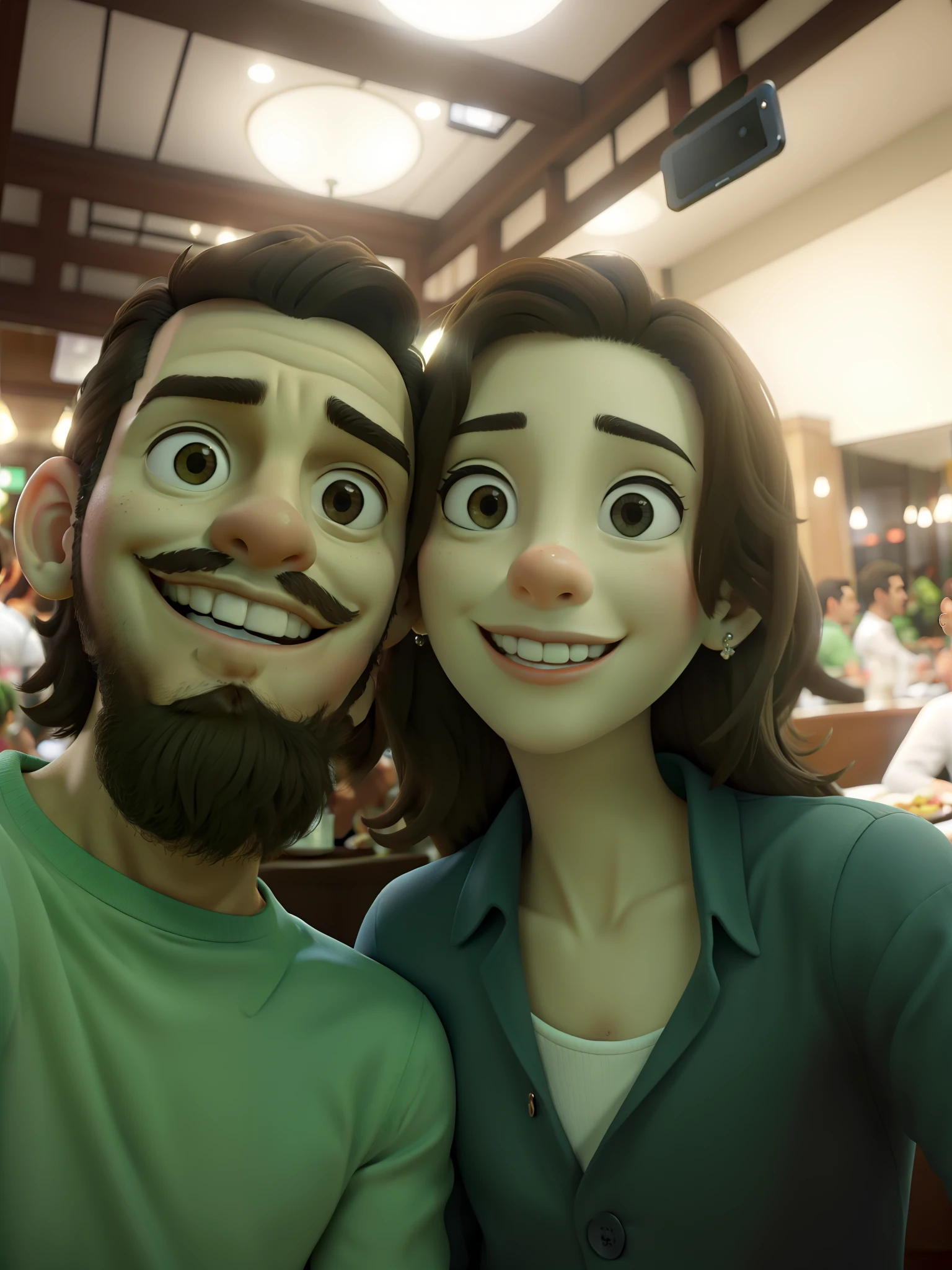 Casal apaixonado tirando um selfie em restaurante.