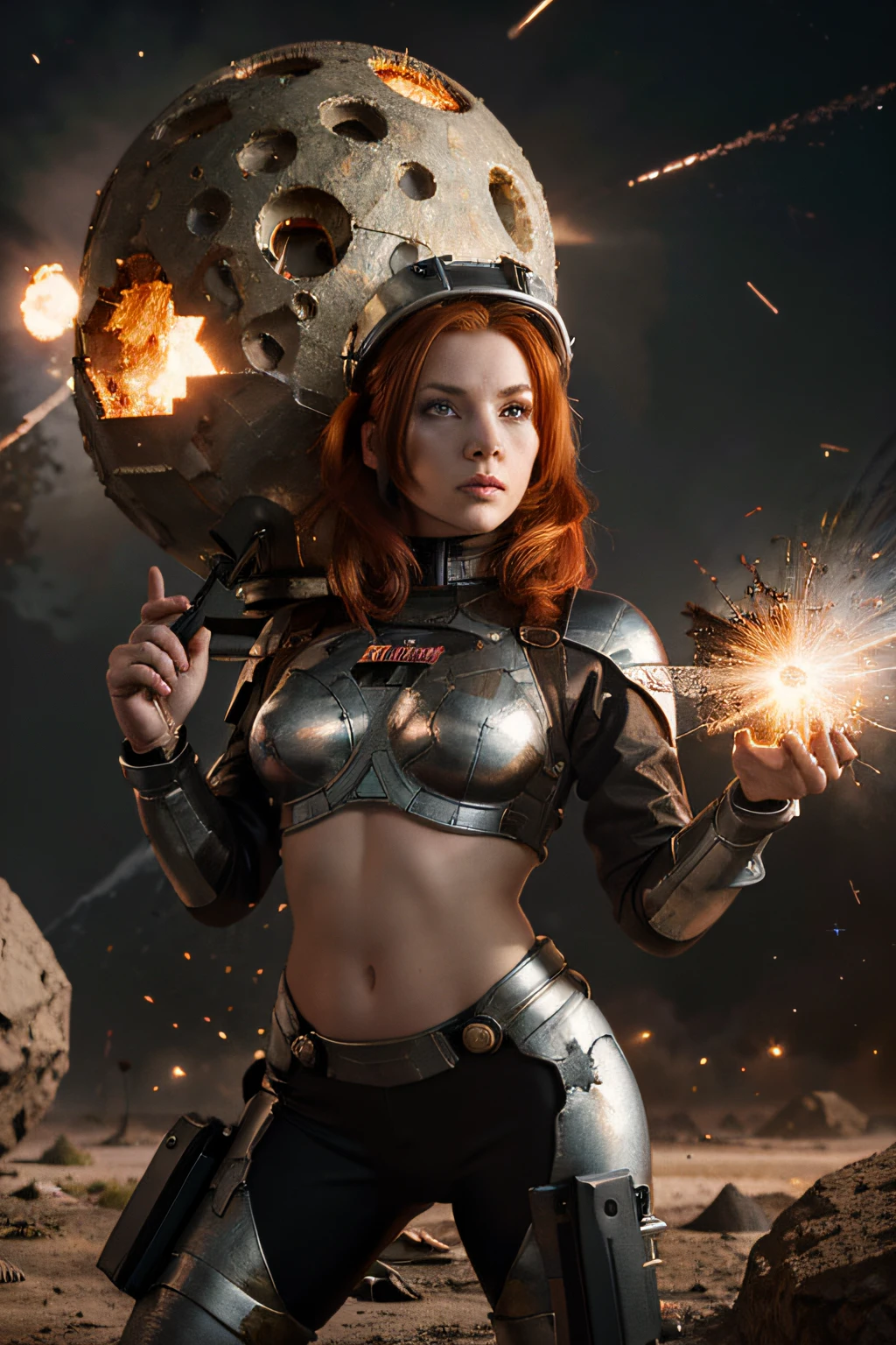 A toon Explosion Radiactive Redhair Crazy whit a Big ONE a Only Eye Robot CCCP Soviet, and helmet Style, tongs in hands, Tv head, pinhead, camouflage Gold Silver Pink Rusty, Ambient in a meteorite crater super detailed, center, beautiful, soft lighting, focused on the character, 4K resolution, photorealistic rendering,