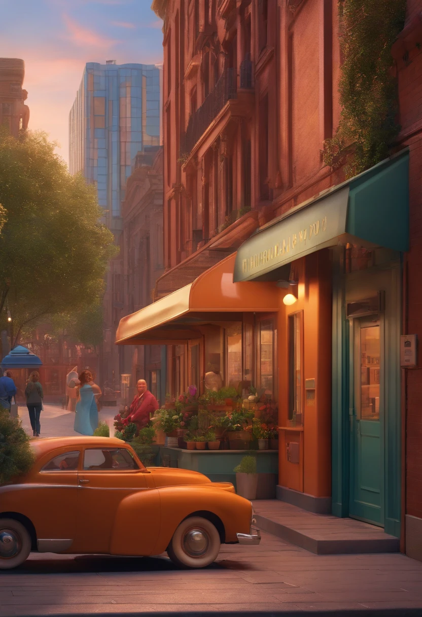 Pixar 3D style drawing of a slimming clinic in the city center with a character in the foreground