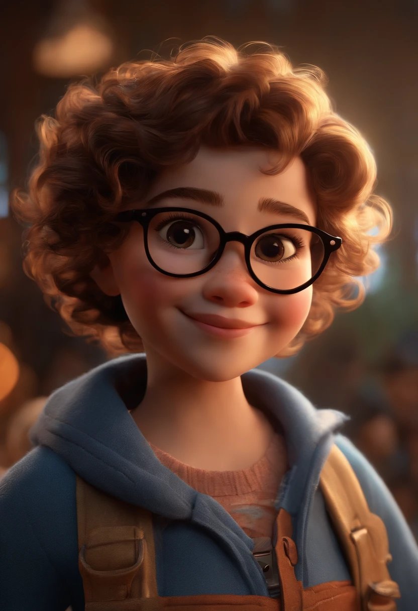 (best quality,highres,realistic:1.37),ultra-detailed,3D character with white glasses,short curly hair,dancing,wearing Disney makeup,fisherman,cute,smiling,close-up, Pixar, Disney, cinematic lighting