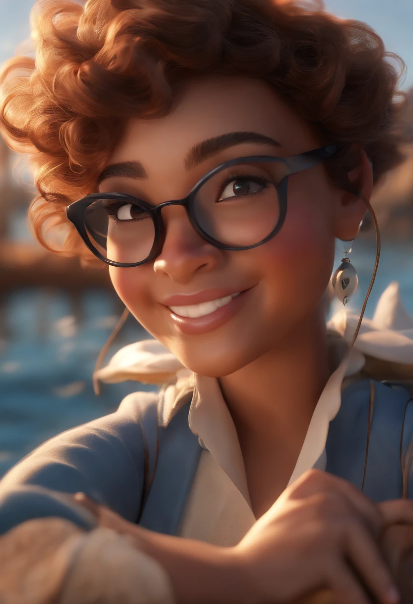 (best quality,highres,realistic:1.37),ultra-detailed,3D character with white glasses,short curly hair,dancing,wearing Disney makeup,fisherman,cute,smiling,close-up, Pixar, Disney, cinematic lighting