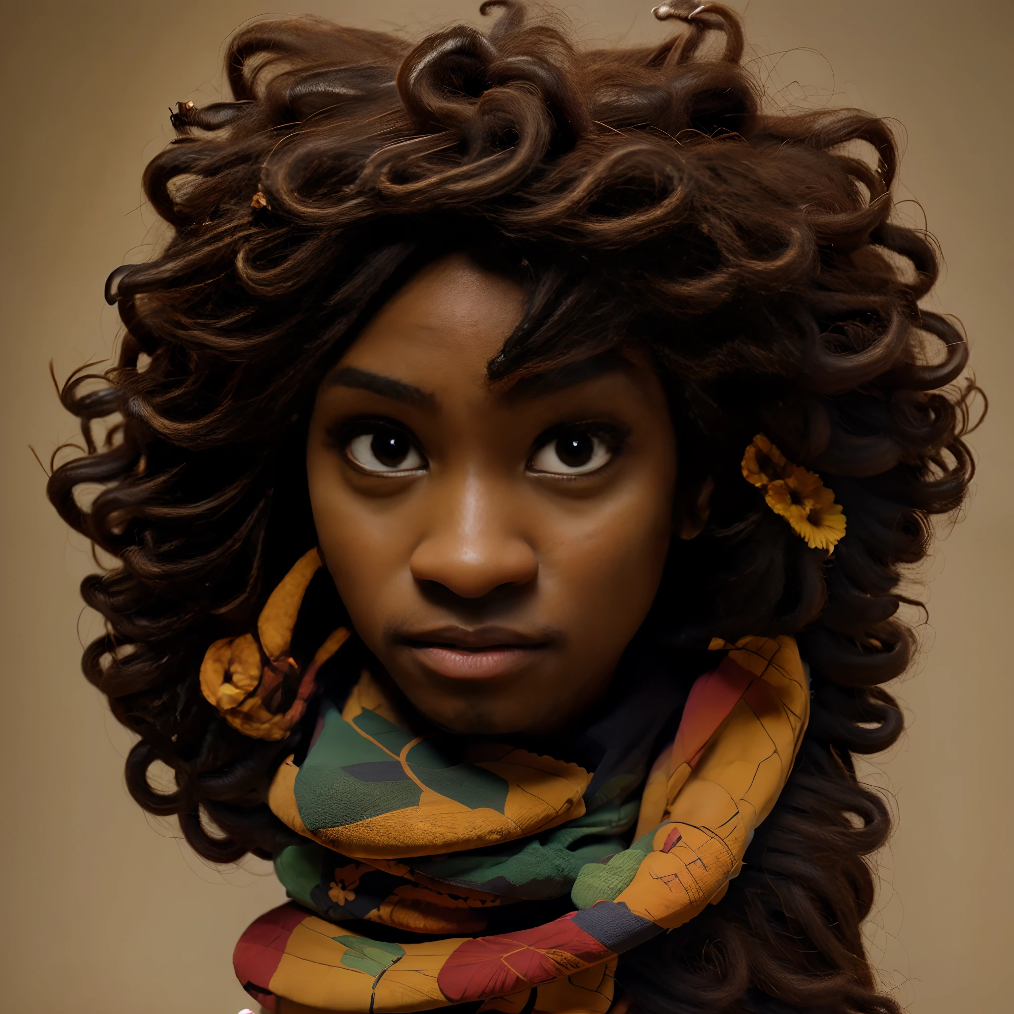 There's a man in a red afro and a black tank top, flor vermelha gigante afro, Afro vermelho, afro feito de flores, afro encaracolado, Dreadlocks afro vermelhos em chamas, com afro, Afro head of giant red carnation, cabelo afro, feito com photoshop, afro futurista, arte digital, mas foto, No estilo de Tyler Mitchell, afro, east african man with curly hair