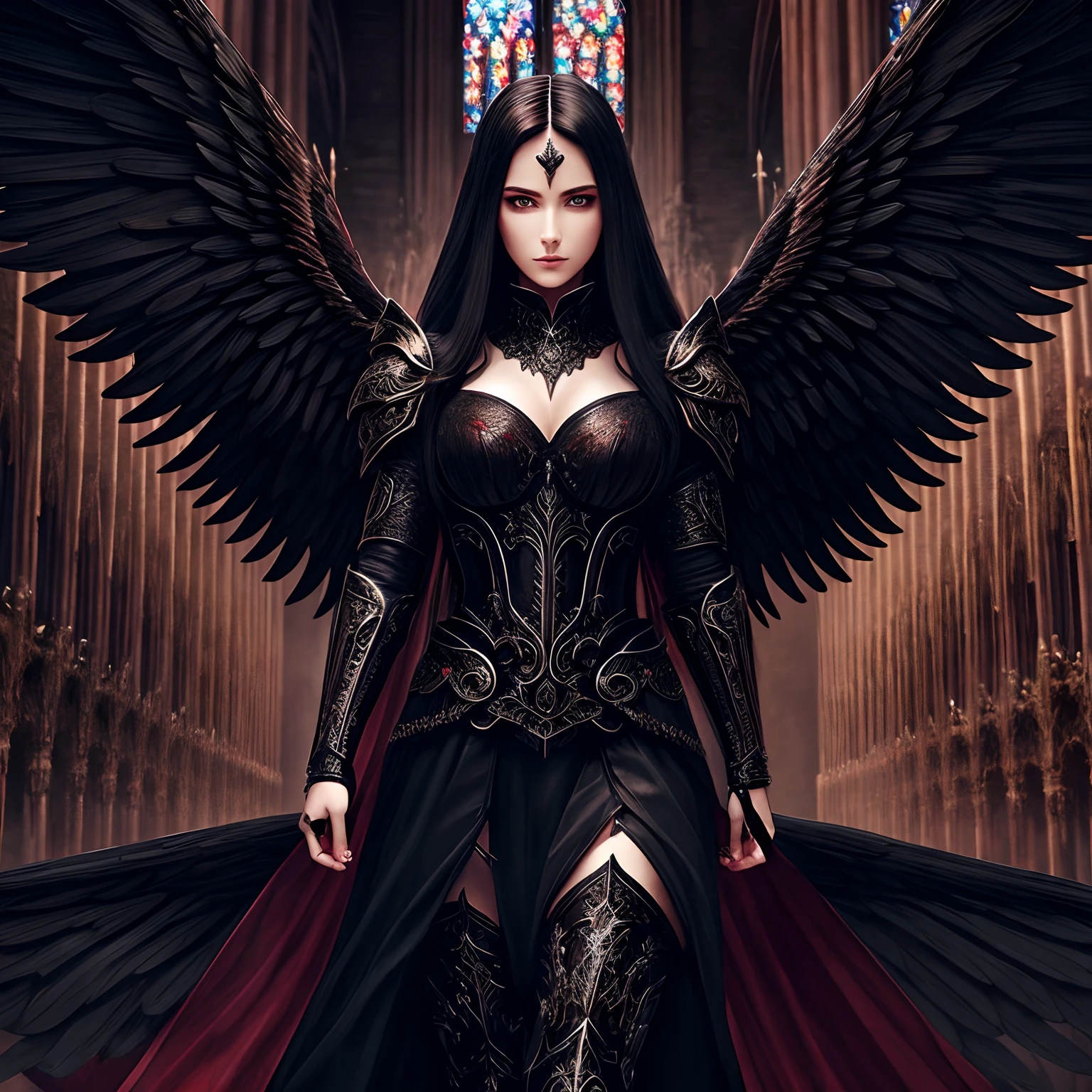 Best Quality Masterpiece A Woman Angel Warrior Gothic Incredibly Beautiful Long Red Eyes Black Hair Black Wings Wearing Black Clothes And Armor Corrupt Angel Woman In An Intricate Cathedral Utra Detailed 8K Extremely Realistic And Detailed