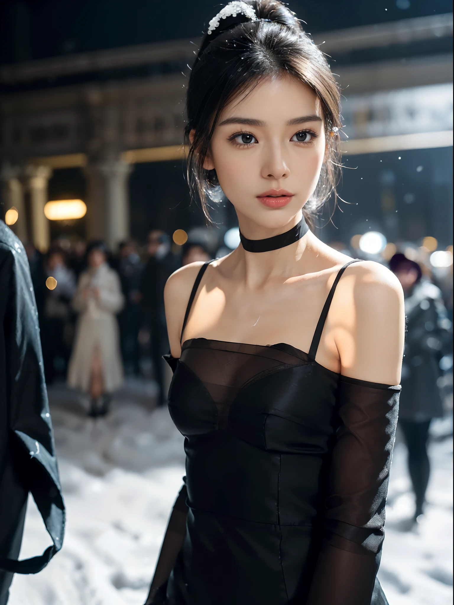 (shoulder length straight short black hair:1.2),((((8k))),(Extremely meticulous CG) ,(wallpaper),16k,(Extremely refined and beautiful），（Masterpiece），（best qualtiy：1.0），（Ultra High Resolution：1.0），beautiful light up，Perfect lightning，realistic shaded，[A high resolution],(Smooth and flawless fair skin:1.5),Extremely exquisite facial details,(perfect body：1.1),ultra - detailed,A beautiful girl,small head,(very short ponytail:1.2),(Small breasts:1.1),Flat chests，slim，thin，Smile，cheerfulness,(long black puffer coat:1.5),(see through black full body pantyhose:1.3),(nightfall:1.5),Sunset light,(Surrounded by a crowded crowd:1.5),At the school gate,(close-up of face:1.3),from front,snowing:1.0,Cleavage,clavicle