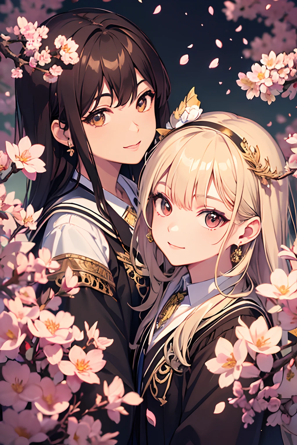 Academic dress, Academic robes, Mortar board, Square cap, University campuses, Buildings, Cherry blossoms, Smiling, 2girls, detailed uniform, view the viewer, (SIGMA 85mm f1.4), Depth of field, Bokeh, Detailed realistic background, diffused natural sunlight, diffused natural skin glow, Face focus, Extremely detailed, (abstract backgrounds, zentangle, Fractal art:1.3), (many color, Colorful:1.1), (feater, petals, Flowers:1.3), Earrings