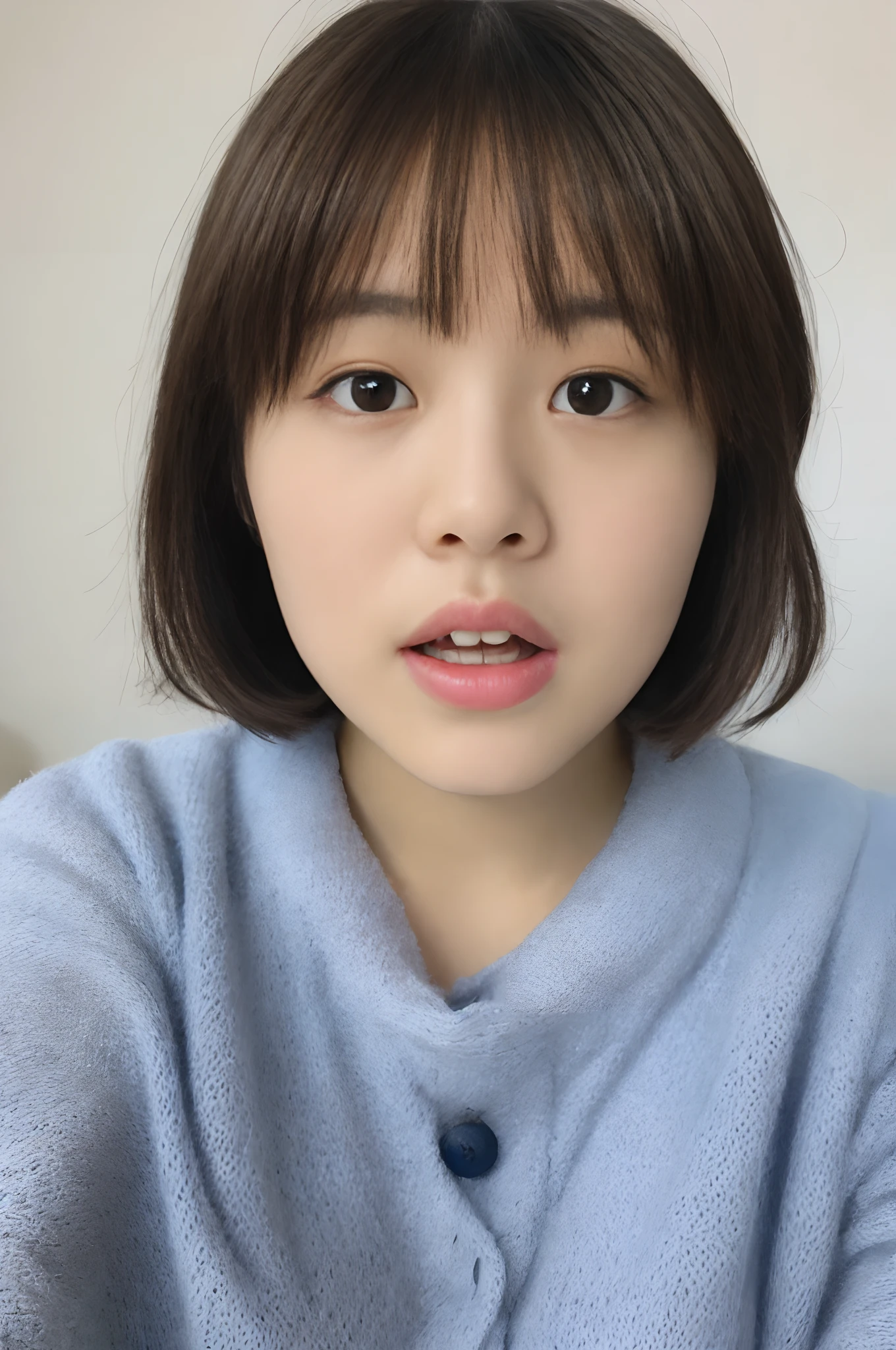 NSFW:2.0、Beautiful skin、Looking straight ahead、The eyes are looking at the viewer、masterpiece、32K、Top image quality、high-detail、Cute girl in Japan、ID photo、frontal photos、Eyes are looking at the front、Eyes moistened with tears、Image quality that clearly shows moles and pores、chubby face、face variations、Short bob hair、
