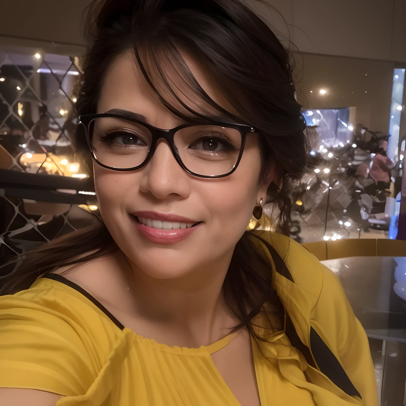 There's a woman with glasses and a yellow top posing for a photo, imagem de perfil, Lorena Avarez, Alanis Guillen, Directed by: Nandor Soldier, foto do perfil, Mulher de 30 anos de Cuba, Ayahausca, foto de perfil, fernanda suarez, photo taken at night, 46 anos de idade mulher