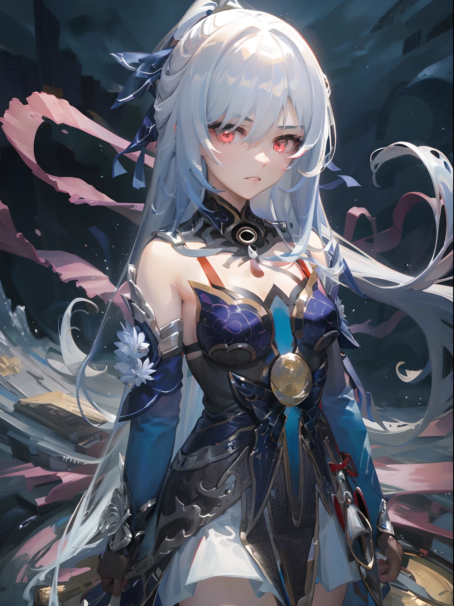 best quality, masterpiece, 1girl, red eyes, tied up light blue hair