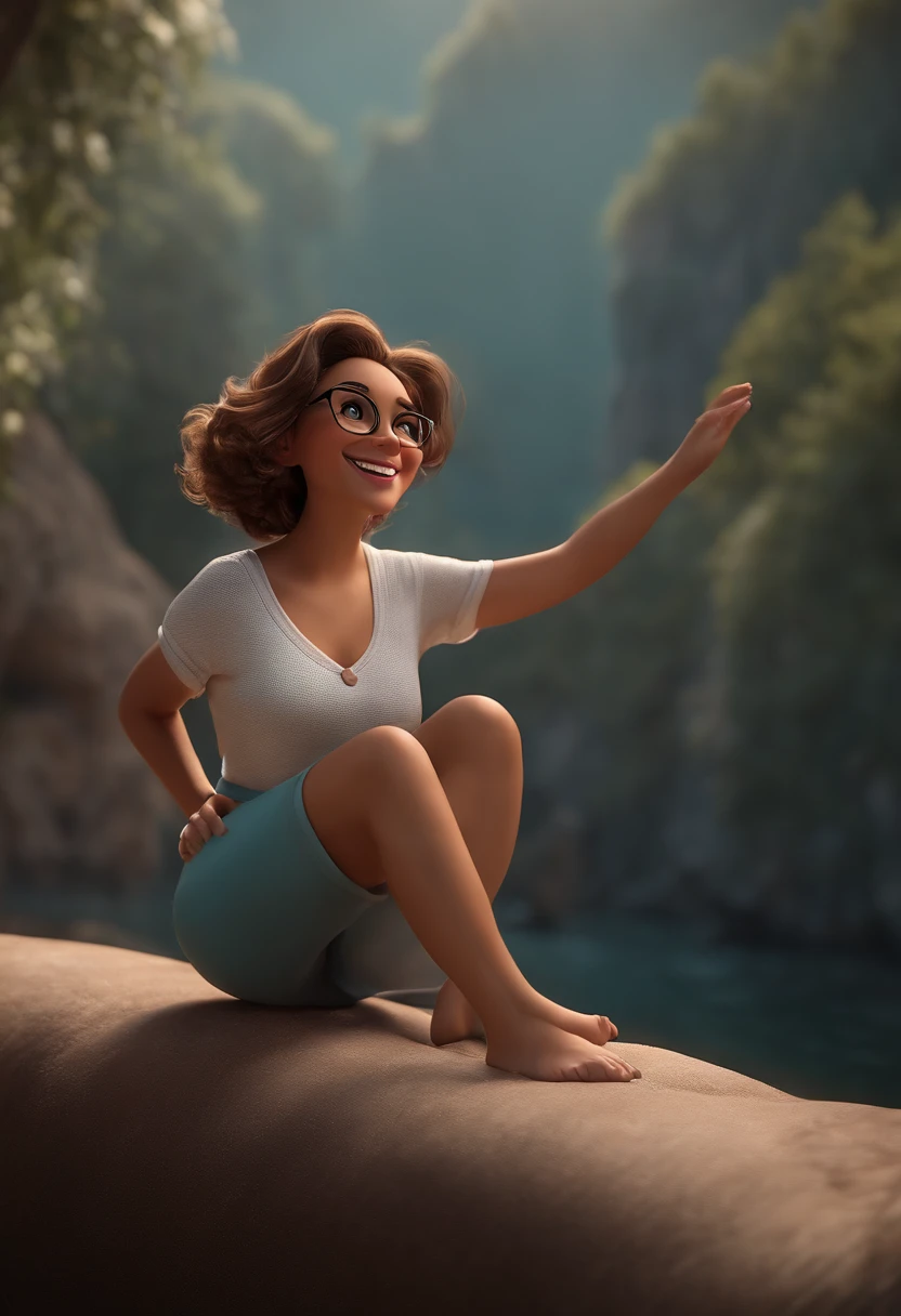 (best quality,Altas,Realistic:1.37),ultra-detalhado,3D character with white glasses,cabelos curtos e cacheados,Dancing,usando maquiagem Disney,Pescador,fofo,sorridente,Close-up, Pixar, Disney, Cinematic lighting