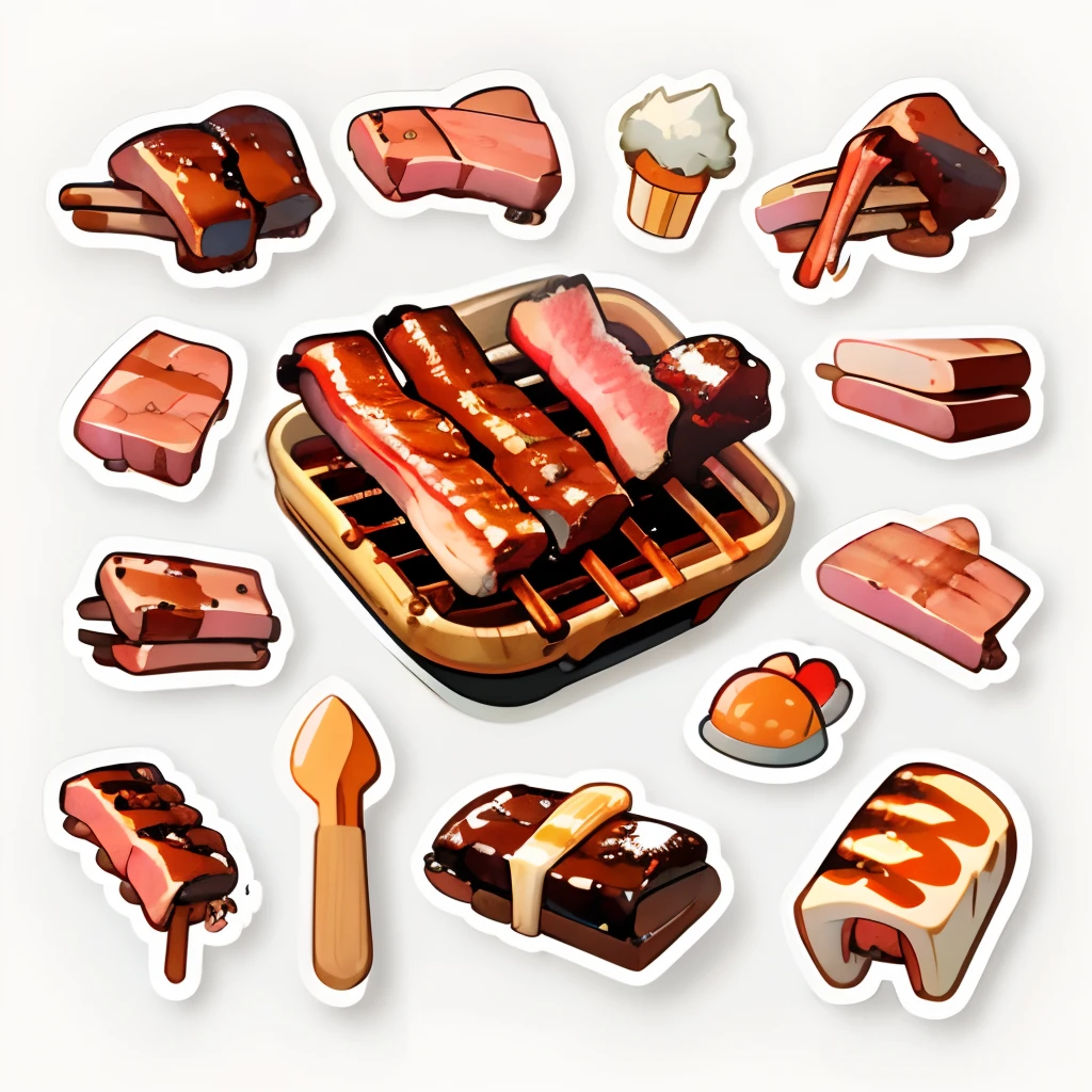 1 sticker, (stickers, barbecue chicken leg, barbecue ribs, barbecue pork ribs), watercolor, white background, simple background, minimal, tiny, pastel color, vector style, no gradient,