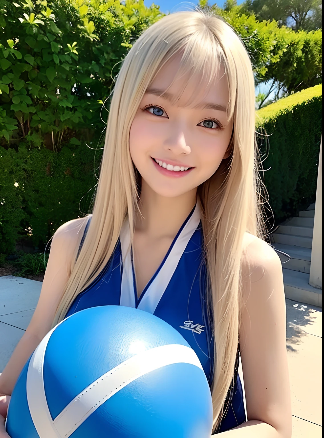 ((top-quality、masterpiece:1.3))、((Russian beauties))、1 female、18year old、Colossal tits:1.3、Slender body type:1.1、Glossy white beautiful skin、Platinum blonde super long hair、(the beach、Wet body、pretty bikini:1.1)、Super Detailed Face、Detailed lips、detailedeyes、二重まぶた、beach balls、A smile、blue-sky、clouds、look left、kneeking、blue eyess、wide Shots, 1 girl, Super long hair, Beautiful and cute beautiful girl、Beautiful bangs、Very beautiful face、bright expression、Beautiful blue eyes, Bright and dazzling platinum blonde、Long straight hair、Eyebrows behind bangs、student clothes、School Uniforms、textured white skin, Best Quality, 4K high resolution、glowy skin, high details
