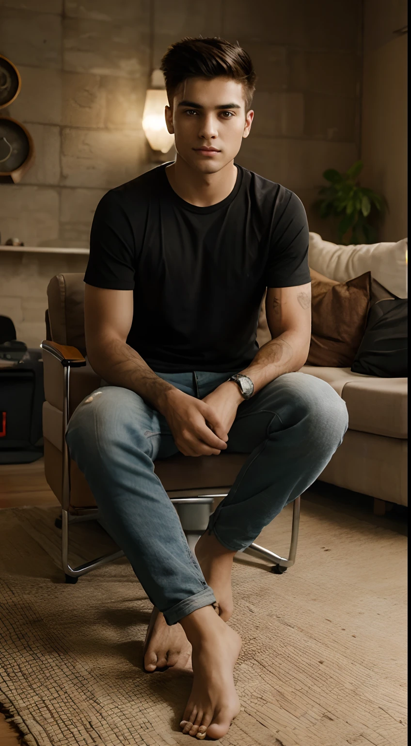 A young handsome guy with short spiky hair in indian house alone siting on gaming chair show full body