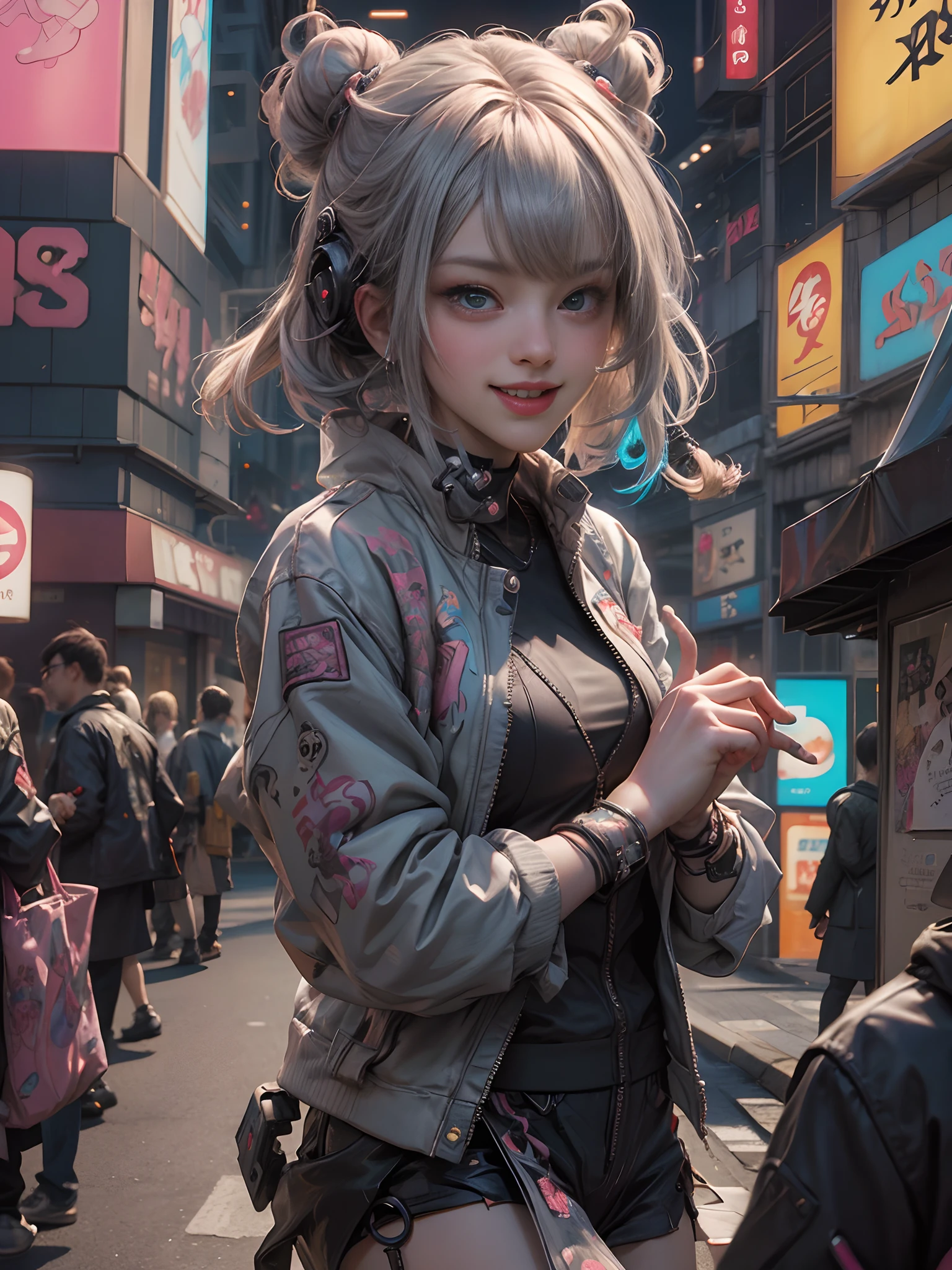 Anime masterpiece, best quality, (((laughing aged cyberpunk girl ((wearing detailed Harajuku tech jacket)) posing for portrait))), (((Harajuku cyberpunk clothing)))), (bold colors and patterns), eye-catching accessories, trendy and innovative hairstyle))), ((insane detail)), dazzling Cyberpunk cityscape, skyscrapers, glowing neon signs, (LED lights), anime illustration, detailed skin texture, detailed cloth texture, beautiful detailed face, intricate details, ultra detailed, cinematic lighting, strong contrast, colorful.