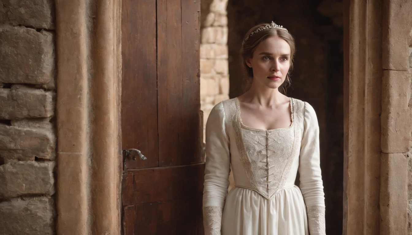 aged noble woman wearing a medieval white dress stands next to a closed wooden door, imprisoned in a stone castle room, cinematic, 8k, cinematic scene from film, eerie, gothic, day, in the cinematic style of Dion Beebe