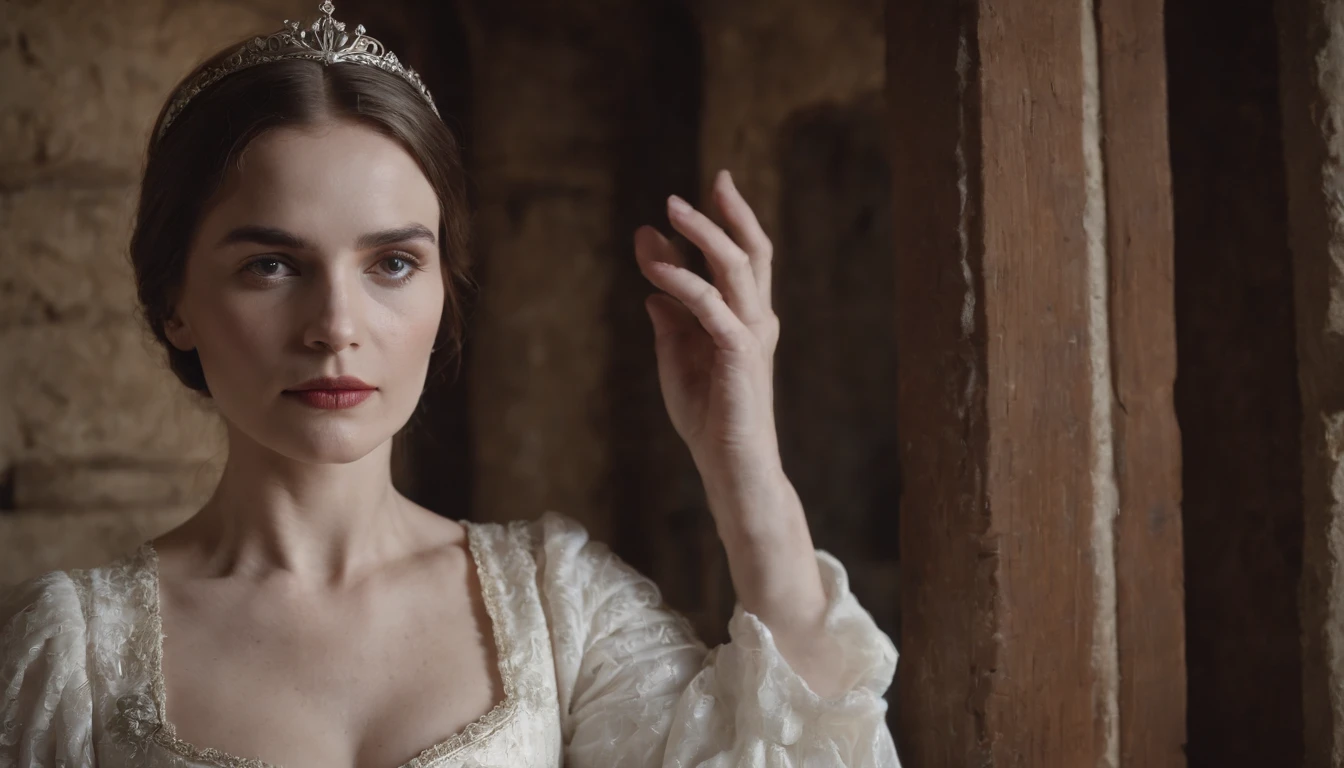 aged noble woman wearing a medieval white dress stands next to a closed wooden door, imprisoned in a stone castle room, cinematic, 8k, cinematic scene from film, eerie, gothic, day, in the cinematic style of Dion Beebe