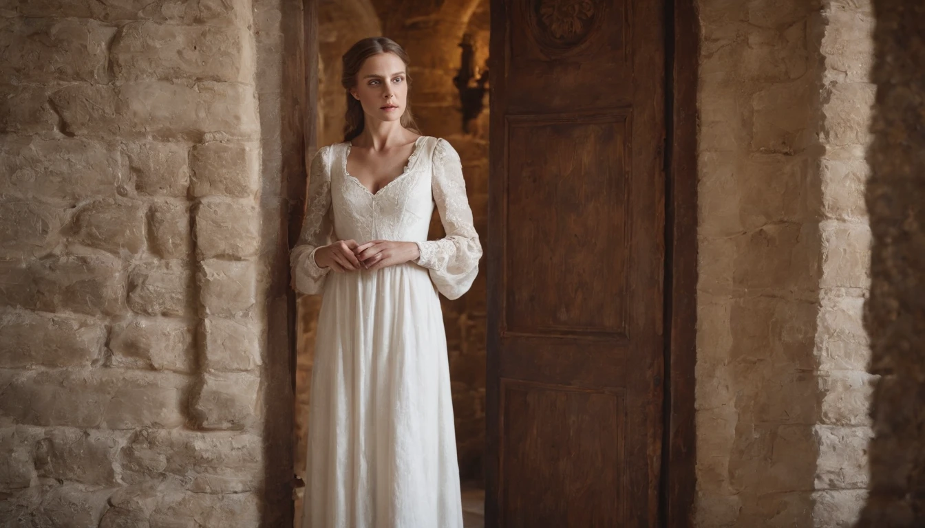 aged noble woman wearing a medieval white dress stands next to a closed wooden door, imprisoned in a stone castle room, cinematic, 8k, cinematic scene from film, eerie, gothic, day, in the cinematic style of Dion Beebe