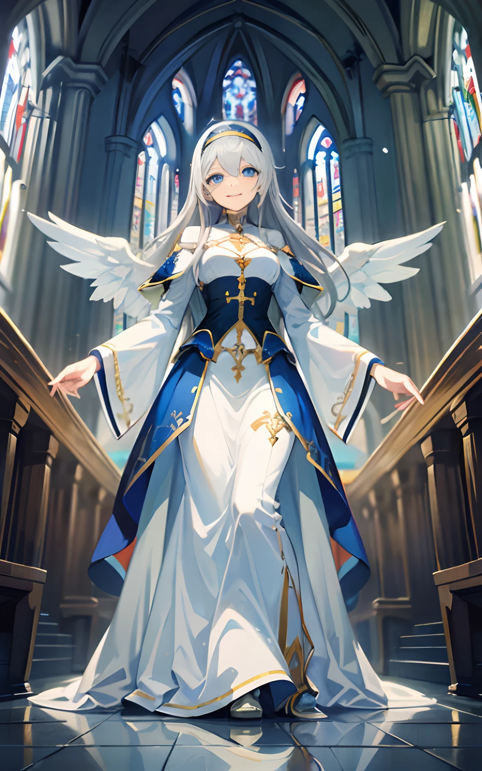 (Masterpiece: 1.5), (Best Quality: 1.5), Perfect Eyes, Perfect Face, Volumetric Lighting, 1 Woman, Mature Woman, (Whiteness: 5), angle, long grey hair, holy woman, church, long dress, small angle wings, smiling kindly, happy, full body, looking at the viewer, blue eyes, headband, medium breasts, cross,