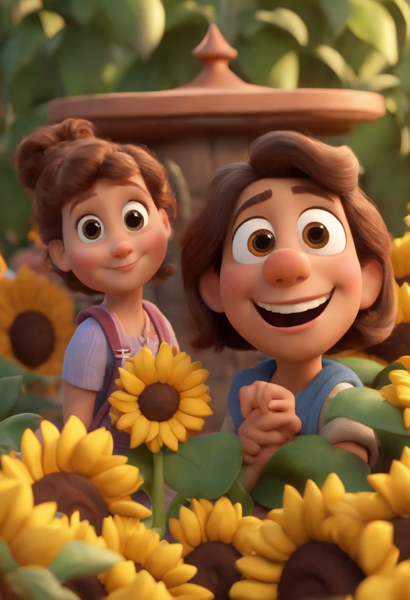 Create a Disney PIXAR-style 3D poster. ((3 )) ((1 menino no meio e 2 meninas ao lado, They're hugging each other, O menino tem pele clara e cabelos cacheados, castanho claro e olhos castanhos escuros, 1 menina tem pele clara, olhos verdes e cabelos claros e lisos e a outra menina tem pele morena clara, olhos escuros e cabelos escuros e cacheados)) ((tudo isso no estilo Disney PIXAR 3D, In the background, A house of sunflowers, Gloria Studio, The garden is full of nature 3D render RTX clay material, estilo de design cartunesco, POP Mart, soft lighting, linhas suaves, Spring tilt, Detailed illustrations of PIXAR 3D, Detalhes hiper-realistas, cor quente no estilo Disney PIXAR 3D))