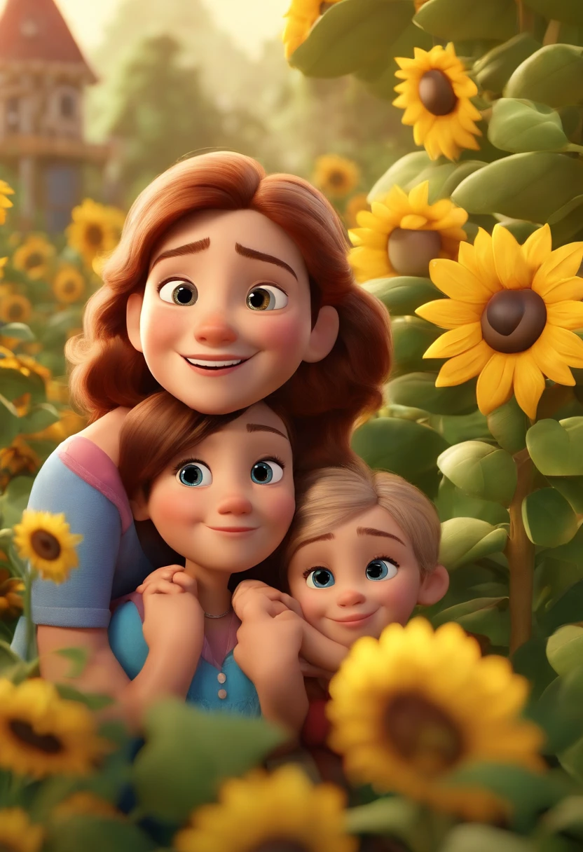 Create a Disney PIXAR-style 3D poster. ((3 children)) ((1 menino no meio e 2 meninas ao lado, They're hugging each other, O menino tem pele clara e cabelos cacheados, castanho claro e olhos castanhos escuros, 1 menina tem pele clara, olhos verdes e cabelos claros e lisos e a outra menina tem pele morena clara, olhos escuros e cabelos escuros e cacheados)) ((tudo isso no estilo Disney PIXAR 3D, In the background, A house of sunflowers, Gloria Studio, The garden is full of nature 3D render RTX clay material, estilo de design cartunesco, POP Mart, soft lighting, linhas suaves, Spring tilt, Detailed illustrations of PIXAR 3D, Detalhes hiper-realistas, cor quente no estilo Disney PIXAR 3D))