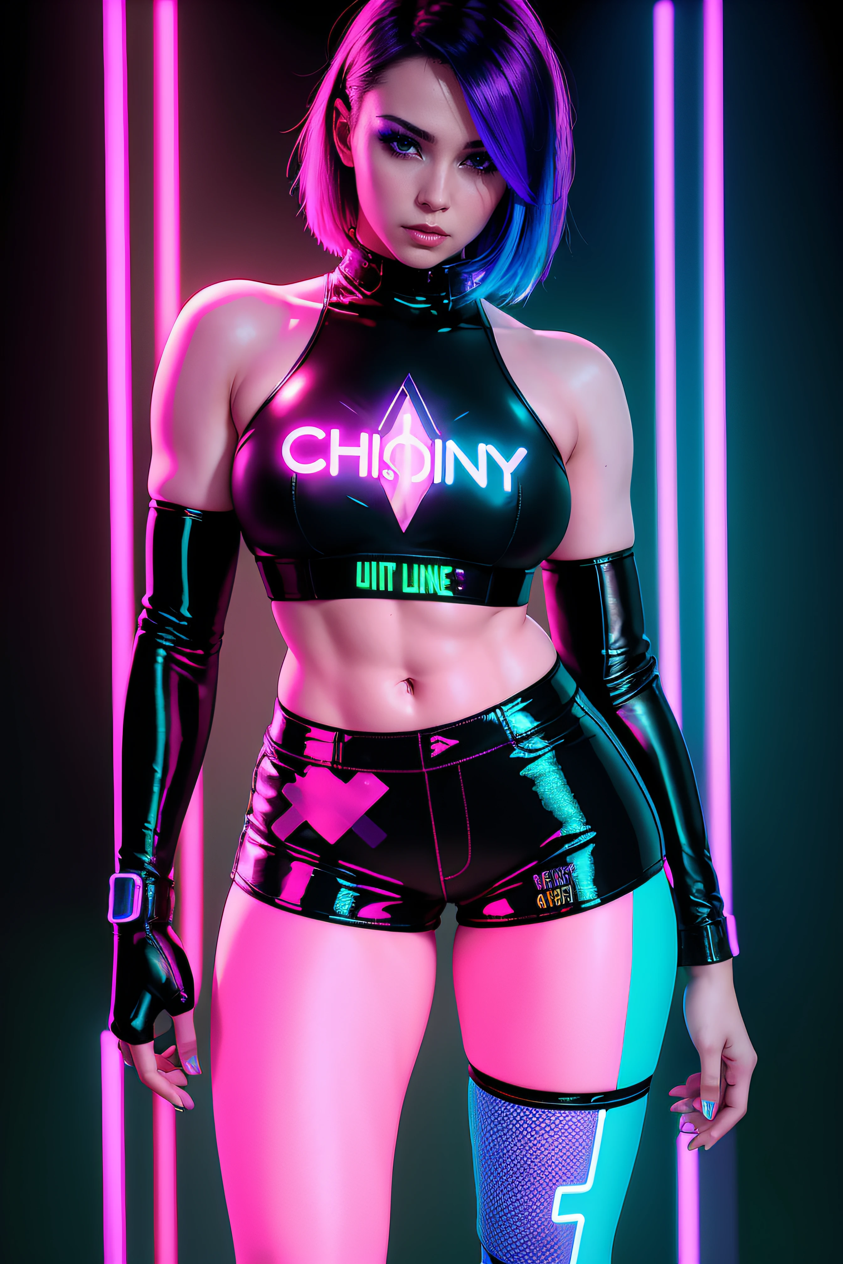 there is a woman standing with a rainbow light, 3 d neon art of a womans body, neon-noir background, cyberpunk femme fatale, seductive cyberpunk dark fantasy, ((tight shorts:1.4)), cyberpunk strip clubs, cyberpunk 20 y. o model girl, oppai cyberpunk, banner, high definition cgsociety, cgsociety masterpiece, trending on cgstation, kda