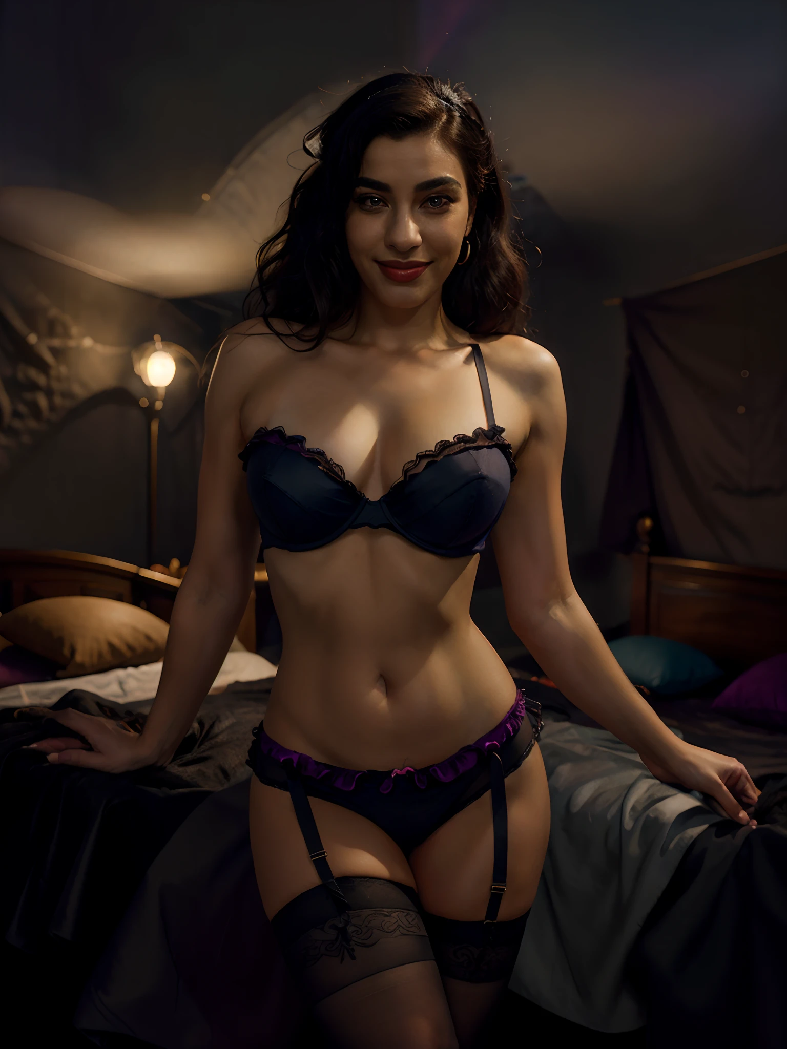 1girl, esmeralda, hairband, lingerie, garter belt, garters, stockings, frills, arms behind back, smile, parted lips, dark bedroom, looking at viewer, volumetric lighting, best quality, masterpiece, realistic