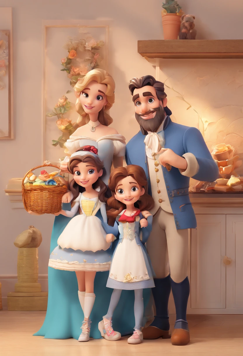 Very happy family in pixer style of beauty and the beast the father and love and 2 girls all with white skin and very big eyes