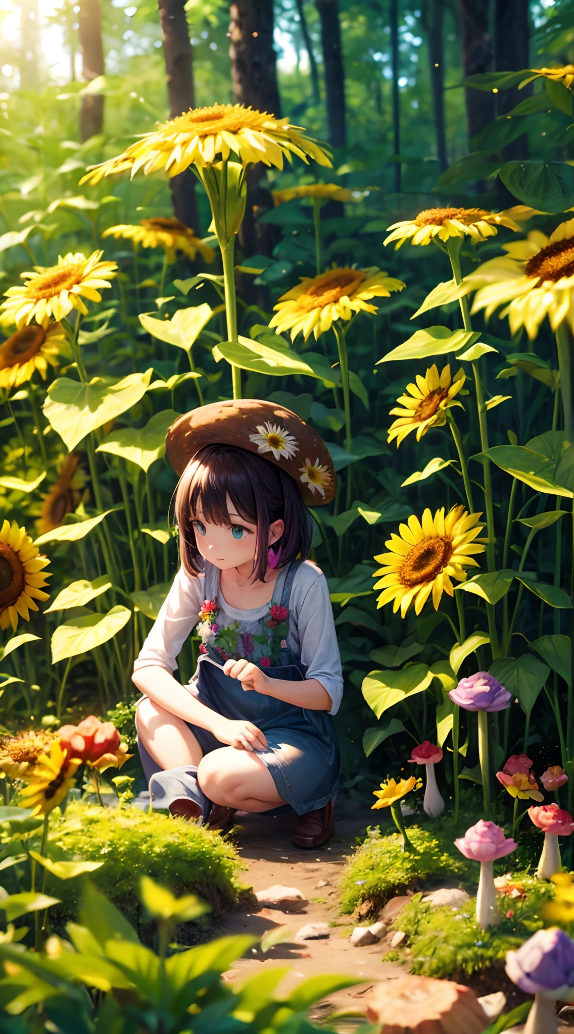 Uma pessoa em uma mini floresta com cores vibrantes com cogumelos, girassol, grama, Colorido, Fundo desfocado, 4k, Morning sun lighting coming from the right