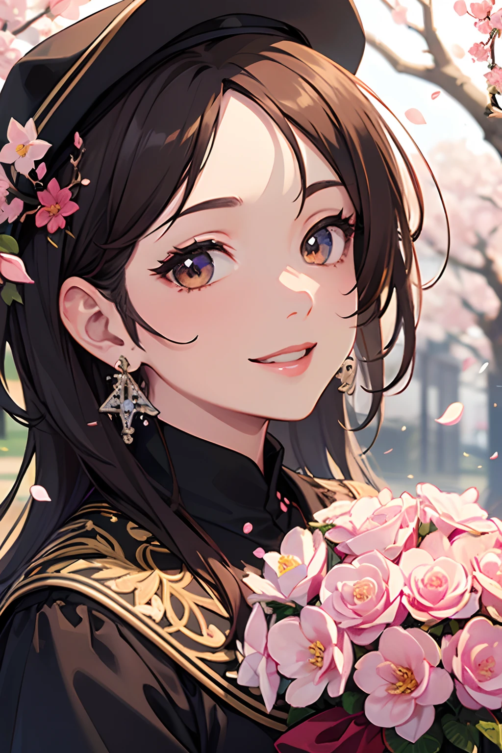 Academic dress, Academic robes, Mortar board, Square cap, University campuses, Buildings, Cherry blossoms, Smiling, 2girls, detailed uniform, view the viewer, (SIGMA 85mm f1.4), Depth of field, Bokeh, Detailed realistic background, diffused natural sunlight, diffused natural skin glow, Face focus, Extremely detailed, (abstract backgrounds, zentangle, Fractal art:1.3), (many color, Colorful:1.1), (feater, petals, Flowers:1.3), Earrings