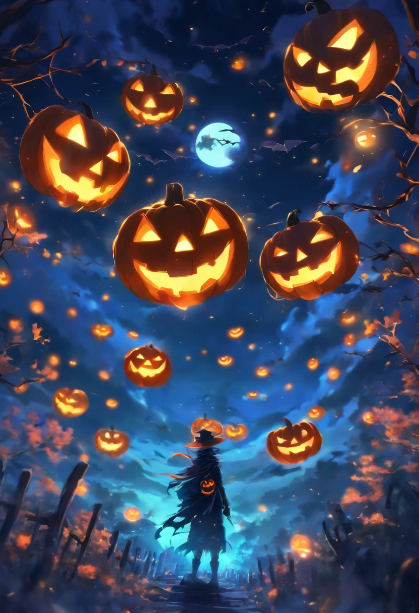 Anime Background、Halloween Backgrounds、landscapes、low angles、View from below、Shining Full Moon、Bright atmosphere、Full Moon Night、starrysky、the bats、Pumpkin field、gradients、Orange Lighting、Halloween Floating Lights, Cinematic light and reflection, glowing lights, Intermediate metaverse elements,Digital Painting, Glowing reflections, pondering, Halloween Jack-o'-lantern, calm night, Digital Illustration, Beautiful atmosphere, Skylight at night, Calm evening atmosphere, Jack-o'-lantern, Halloween, the night, themoon, The game scene, Halloween, Surrounded by clouds,gorgeous colors, ( (Splash ink ) ), ((Splash ink) inky})), high quarity, Beautiful graphics、no human figures