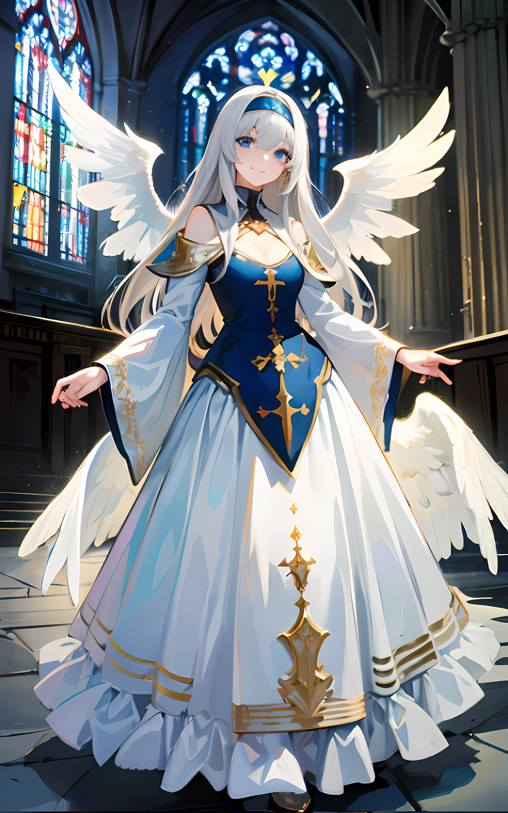 (Masterpiece: 1.5), (Best Quality: 1.5), Perfect Eyes, Perfect Face, Volumetric Lighting, 1 Woman, Mature Woman, (Whiteness: 5), angle, long grey hair, holy woman, church, long dress, small angle wings, smiling kindly, happy, full body, looking at the viewer, blue eyes, headband, medium breasts, cross,