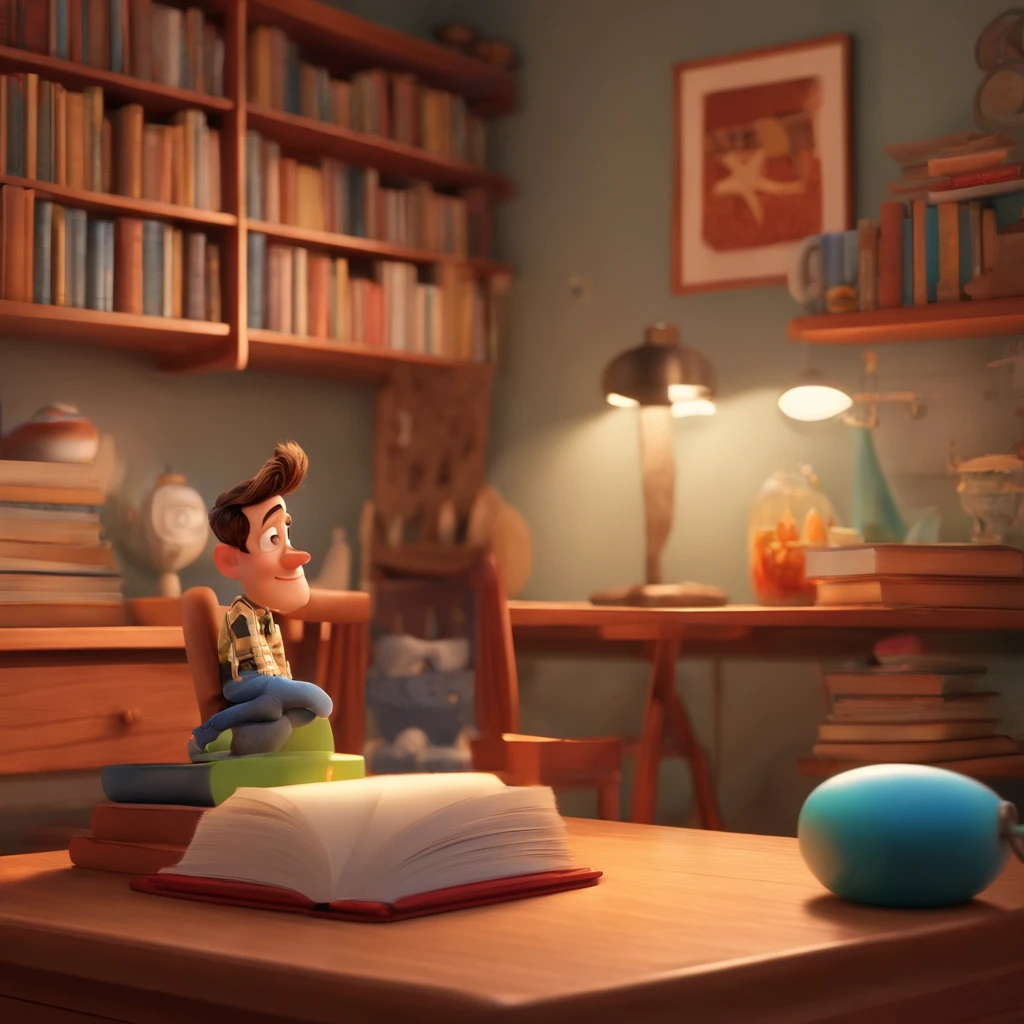 fundo branco, pixar desenhos animados 3D, homem lendo um livro, ::estilo pixar cartoon