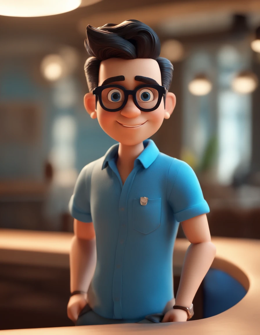 Cartoon character of a man wearing black glasses and a blue shirt, an animated character, stylized character, animation style render, stylized 3d, arnold maya render, 3 d render stylized, toon render keyshot, 3d character, 3d character, 3D rendering stylized, 3 d character render, cartoon character, Close-up characters, Character pose, (pixar-style) (Master parts:1.2) (Bokeh) (Best quality) (Detailed skins) (detail texture) (8K) (clay) (Cinematic lighting) (foco nítido,Sit down and hollow out your upper body