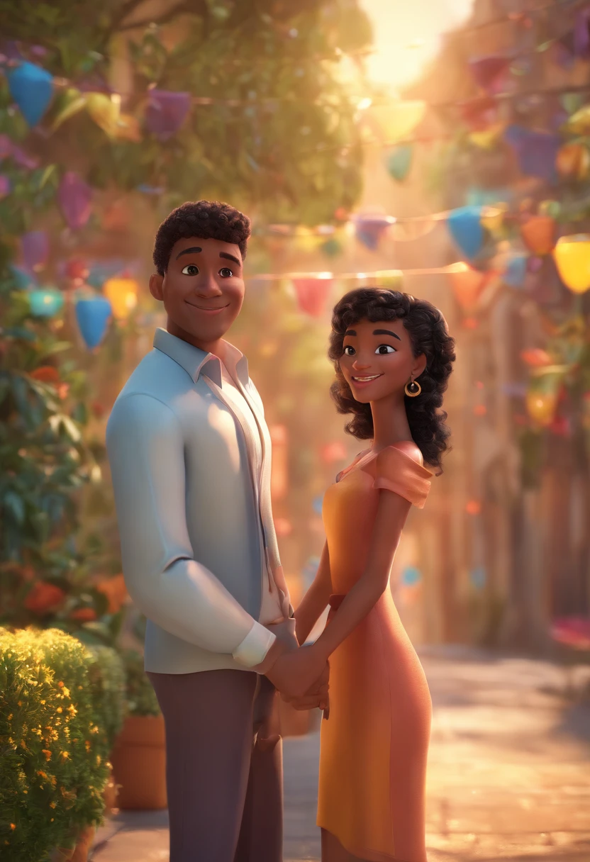 Cartoon character of a couple Disney pixar, couple of 25 year olds, white girl with straight black hair on her shoulders, big eyes, with glasses, wearing a pink dress, next to a boy with a beard, dark skin, straight black hair with a pompadour, brown eyes, wearing a black t-shirt and blue pants, white sneakers, couple holding hands, happy, personagens animado tipo pixar, Caractere estilizado, animation style rendering, 3D estilizado, Arnold Maya render, 3d render stylized, toon render keyshot, Personagem 3D, Personagem 3D, 3d rendering stylized, 3 d character render, personagem de desenho animado, Personagem de close up, Pose de personagem, (Estilo Pixar) (master part:1.2) (Bokeh) (melhor qualidade) (pele detalhada) (textura detalhada) (8k) (argila) (Cinematic lighting) (foco nítido，Senta e vaza a parte superior do corpo