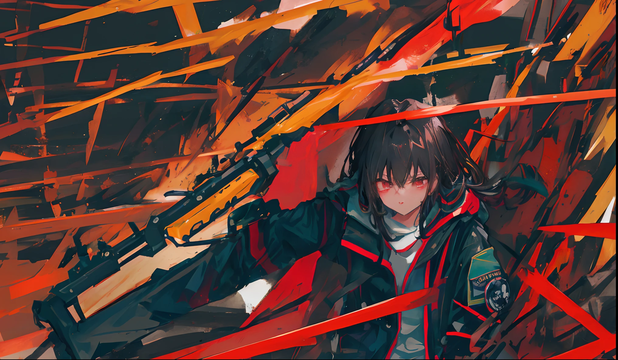 A dark-haired　Akame　kawaii　a battle man　Military Personnel　nighttime scene　assault rifle