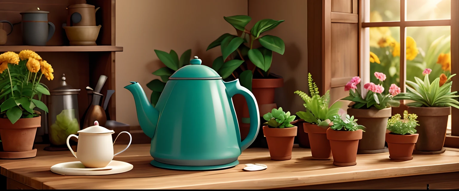 plants, garden, warmth, healing, flowers, day, sunlight, kettle
