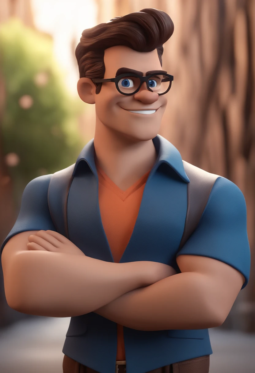 Cartoon character of a man with black glasses and a blue shirt, animation character, Caractere estilizado, animation style rendering, 3D estilizado, Arnold Maya render, 3 d render stylized, toon render keyshot, Personagem 3D, Personagem 3D, 3d rendering stylized, 3 d character render, personagem de desenho animado, Personagem de close up, Pose de personagem,  (Estilo Pixar) (master part:1.2) (Bokeh) (best quality) (pele detalhada) (textura detalhada) (8k) (argila) (Cinematic lighting) (foco nítido