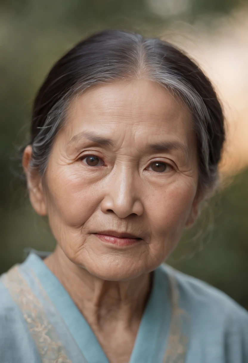 This is a touching close-up of an old Asian woman's weathered but radiant face, Her eyes were filled with wisdom and a hint of melancholy. In a soft sunset frame, Shot with the Canon EOS R6, Use a portrait lens with warm prime hour lighting