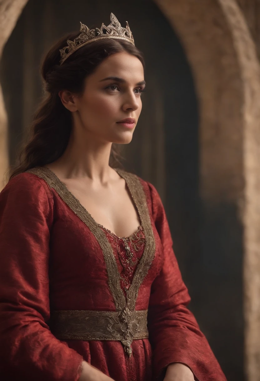 A rainha do inferno, sentada em seu trono, segurando um tridente em chamas em um ambiente sombrio
