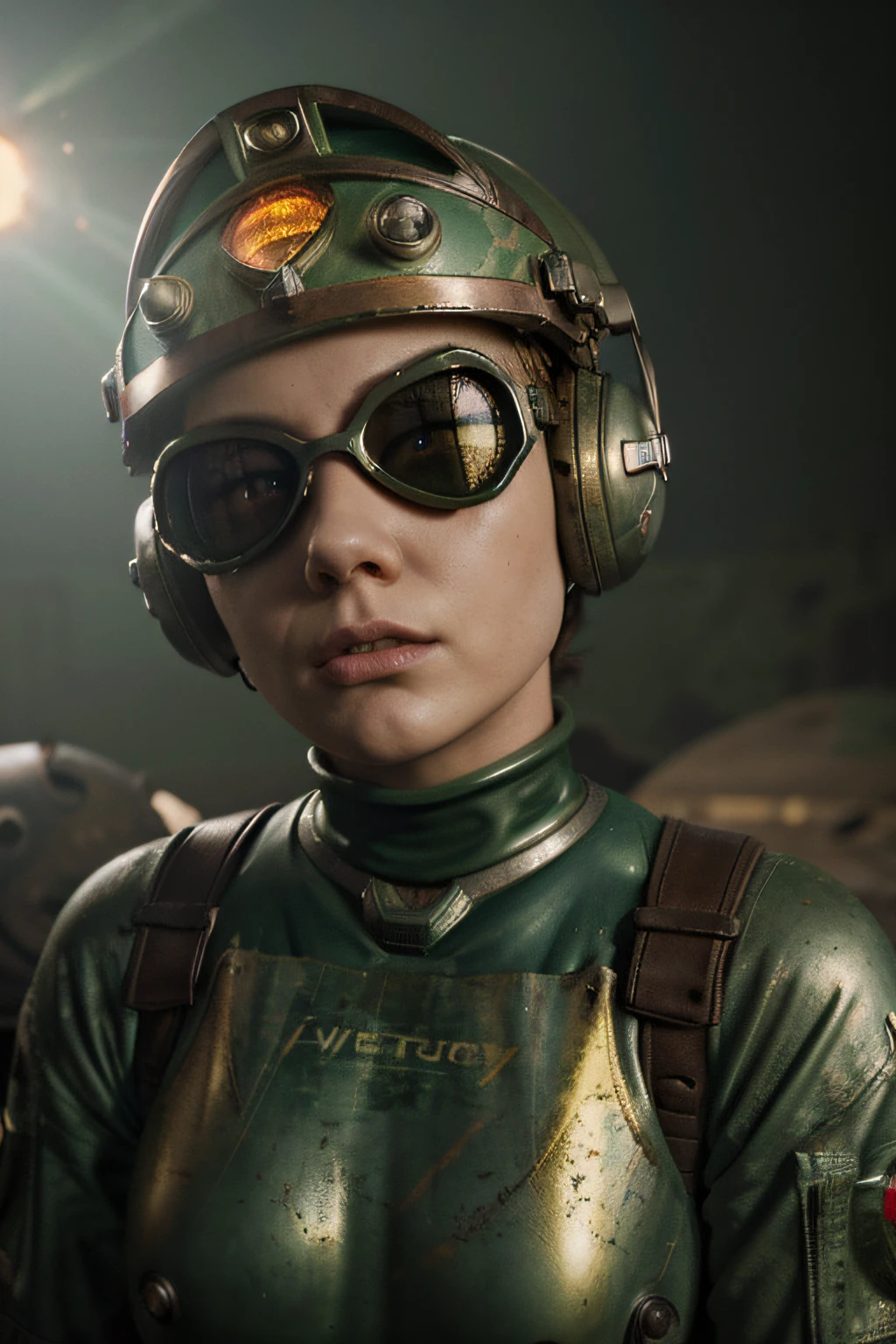 A toon rusty explosion radioactivity  greenhair Crazy whit a Big ONE a Only Eye Robot CCCP Soviet, and helmet Style, tongs in hands, Tv head, pinhead, camouflage Gold Silver Pink Rusty, Ambient in a meteorite crater super detailed, center, beautiful, soft lighting, focused on the character, 4K resolution, photorealistic rendering, Vintage Rocketeer