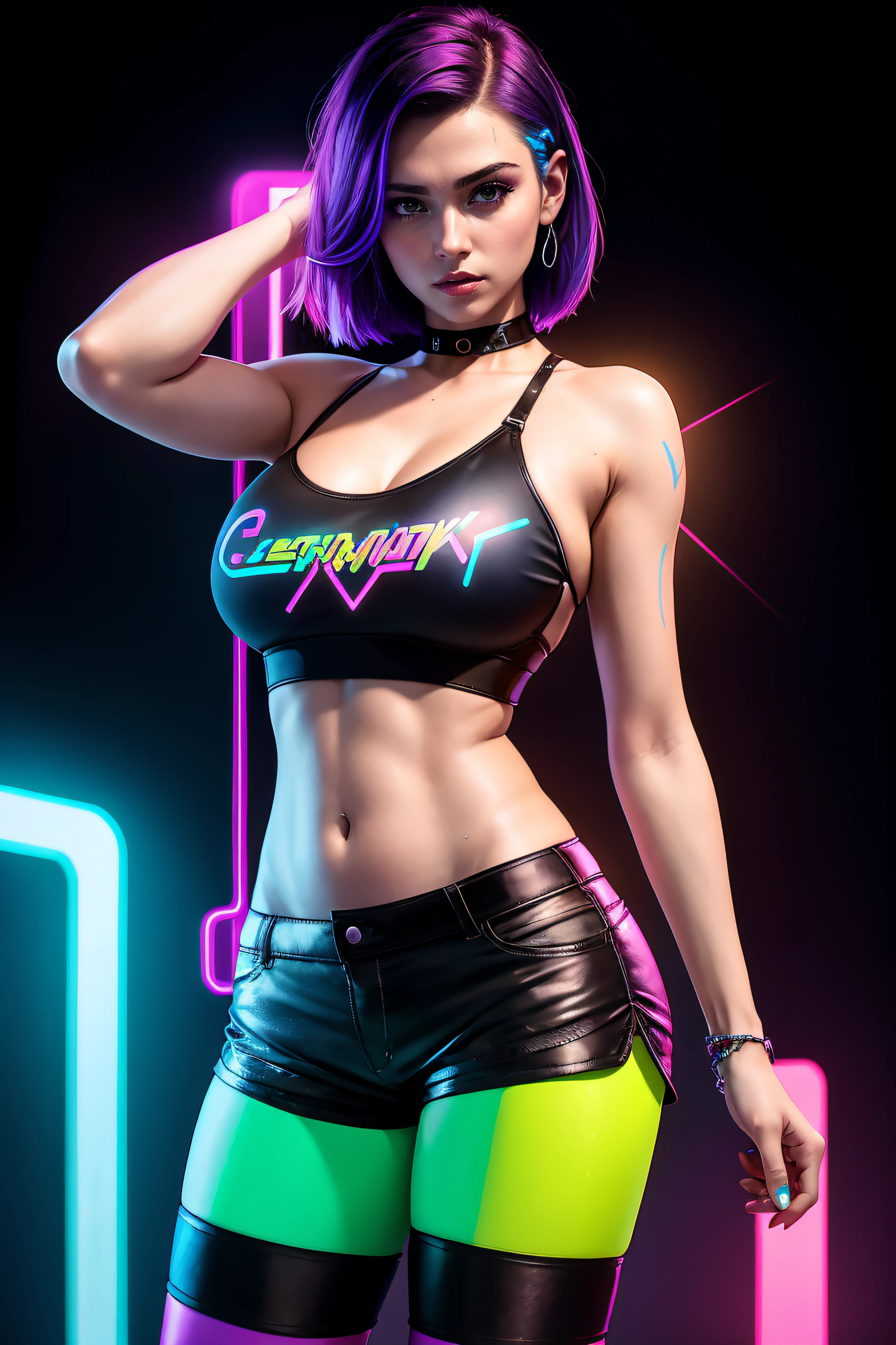 there is a woman standing with a rainbow light, 3 d neon art of a womans body, neon-noir background, cyberpunk femme fatale, seductive cyberpunk dark fantasy, ((tight shorts:1.4)), cyberpunk strip clubs, cyberpunk 20 y. o model girl, oppai cyberpunk, banner, high definition cgsociety, cgsociety masterpiece, trending on cgstation, kda