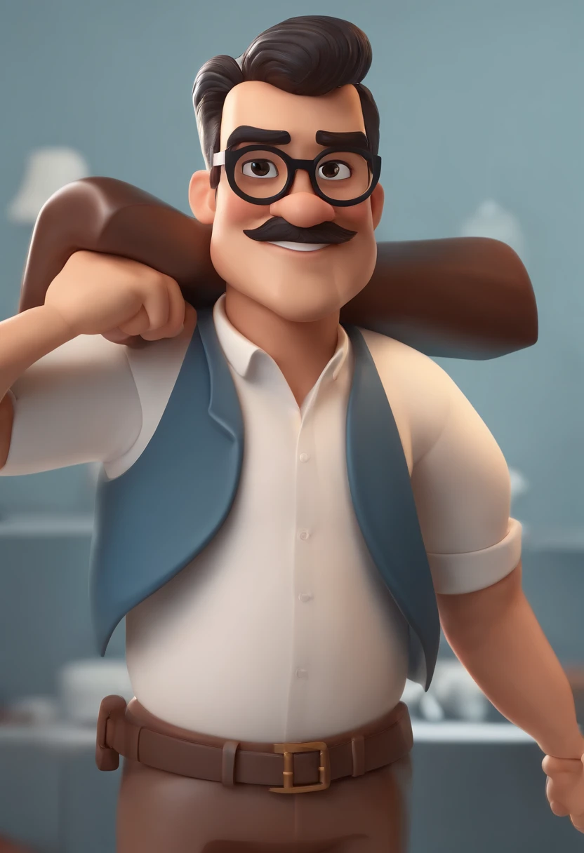 Cartoon character of a man wearing black round glasses, barba, calvo, nariz afilado, sobrancelhas coladas e uma camisa azul, um personagem animado, Caractere estilizado, animation style rendering, 3D estilizado, Arnold Maya render, 3 d render stylized, toon render keyshot, Personagem 3D, Personagem 3D, 3d rendering stylized, 3 d character render, personagem de desenho animado, Personagem de close up, Pose de personagem, (Estilo Pixar) (master part:1.2) (Bokeh) (best quality) (pele detalhada) (textura detalhada) (8k) (argila) (Cinematic lighting) (foco nítido，Senta e vaza a parte superior do corpo