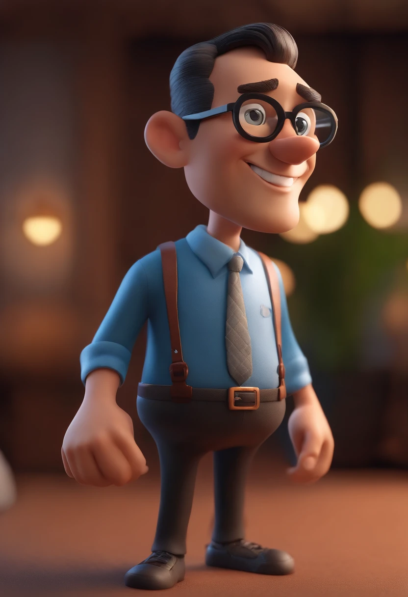 Cartoon character of a man wearing black round glasses, barba, calvo, nariz afilado, sobrancelhas coladas e uma camisa azul, um personagem animado, Caractere estilizado, animation style rendering, 3D estilizado, Arnold Maya render, 3 d render stylized, toon render keyshot, Personagem 3D, Personagem 3D, 3d rendering stylized, 3 d character render, personagem de desenho animado, Personagem de close up, Pose de personagem, (Estilo Pixar) (master part:1.2) (Bokeh) (best quality) (pele detalhada) (textura detalhada) (8k) (argila) (Cinematic lighting) (foco nítido，Senta e vaza a parte superior do corpo