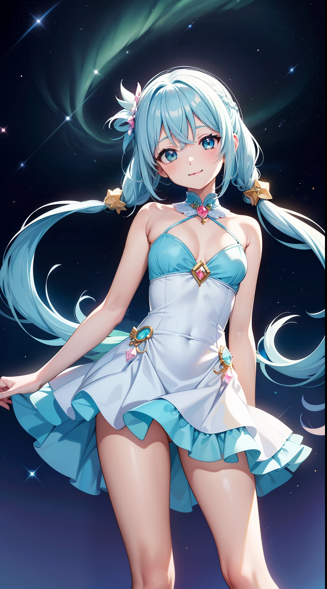 Super Idol a beauty girl adorable smiling sky blue hair length hair Facing straight ahead Looking at the camera Twin-tailed Colorful ruffled leotard outfit in sparkly white and pale green and pink and white Mystical Fantasia constellation a moon Crystal Brilliance Aurora Borealis in the Night Sky