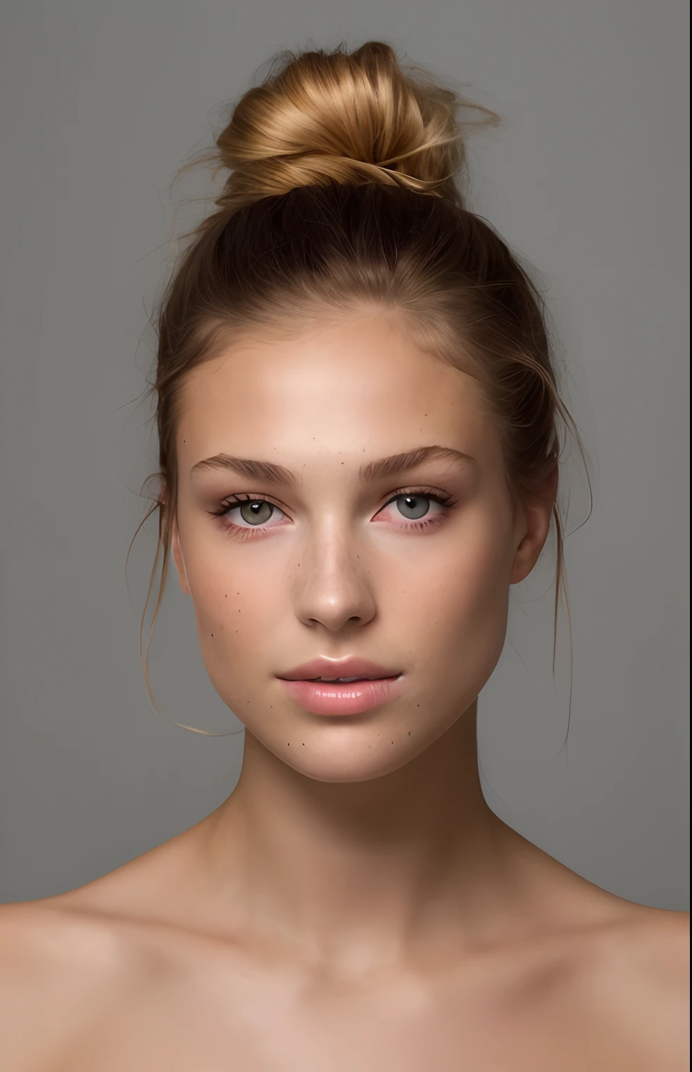 Eine Nahaufnahme einer Frau mit einem unordentlichen Dutt im Haar, Perfektes Gesichtsmodell, diffuse natural skin shine, Porzellan-betonte Haut, Taufrische Haut, definierte Wangenknochen, Natural makeup, Perfektes Gesicht, Gesicht modellieren, Nice, gut abgerundetes Gesicht, Perfekt ausgeleuchtetes Gesicht, Natural makeup, leuchtende Porzellanhaut, portrait sophie mudd, Sexy Gesicht mit vollem Make-up
