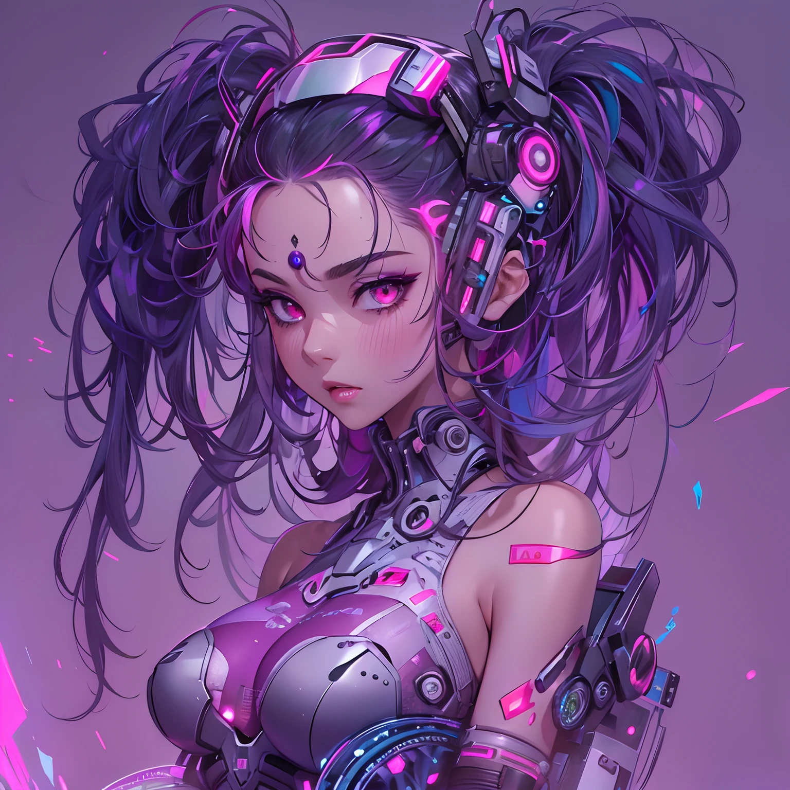 a tanned skinned girl, shoulder length curly hair with bangs, black with blue highlights, purple and pink, with dark purple eyes, serious expression, cyberpunkstyle