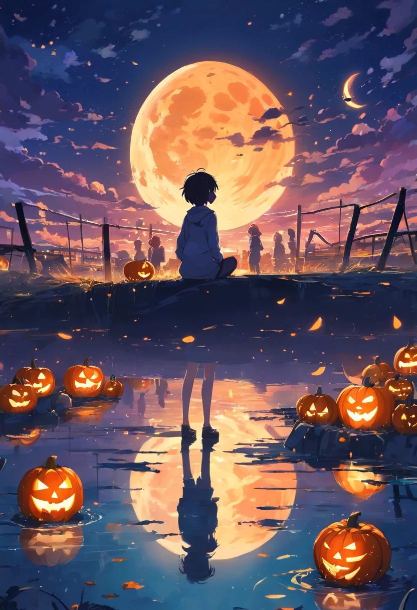 Anime Background、Halloween Backgrounds、landscapes、low angles、View from below、Shining Full Moon、Bright atmosphere、Bright night、Full Moon Night、starrysky、the bats、Pumpkin field、gradients、Orange Lighting、Halloween Floating Lights, Cinematic light and reflection, glowing lights, Intermediate metaverse elements,Digital Painting, Glowing reflections, pondering, Halloween Jack-o'-lantern, calm night, Digital Illustration, Beautiful atmosphere, Skylight at night, Calm evening atmosphere, Jack-o'-lantern, Halloween, the night, themoon, The game scene, Halloween, Surrounded by clouds,gorgeous colors, ( (Splash ink ) ), ((Splash ink) inky})), high quarity, Beautiful graphics、no human figures