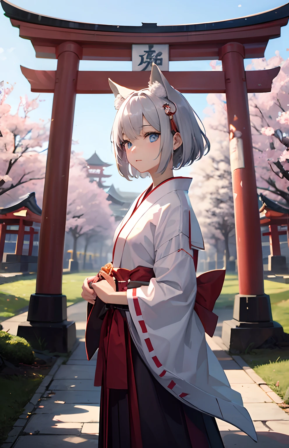 ​masterpiece,Top image quality,hight resolution,imagem 4k,Raw photo,Photorealsitic,{Solo},teens girl,silber hair,Bery short hair,stare at each other,Blue eyes,小柄,Silver fox ears,Fox tail,shrines,aureole,,boyish,hakama,shrine maiden,torii gate,cherry trees,,