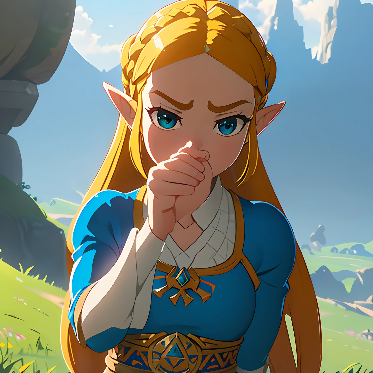 ((masutepiece, Hight Resolution,depth of fields, 4k (english),)), Masterpiece, Best Quality, 1Girl, The Legend of Zelda, Zelda, Princess Zelda, nintendo, breath of the wild, breath of the wild, gaming, The forehead is clearly visible, a blond, bobbed black hair, princess, Staring at the screen, 1 person, game character, Contemptuous eyes, rage, Squinting your eyes,, Staring at the screen in disgust, View from the top, frowning, narrow her eyes, Close one eye, feeling of disgust, ((Shield your nose with your hands)),((Cover your mouth with your hands)),((Hold your face with your arms)),((((Pinching the nose ))),(((Pinching the nose ))), pinching nose