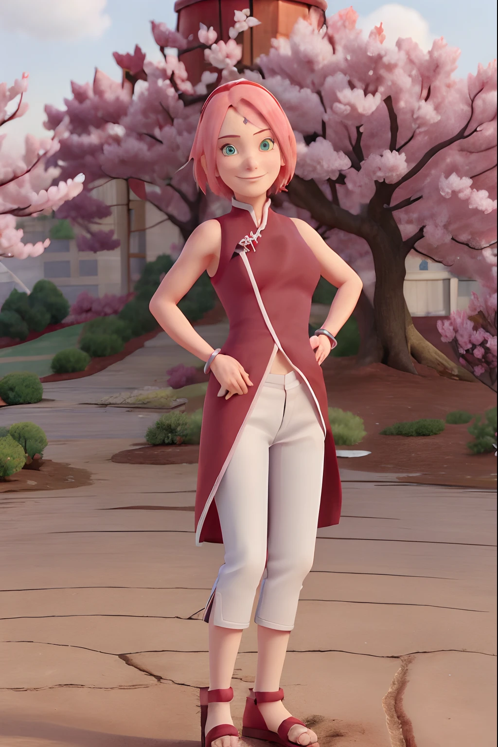 masterpiece, absurdres ,1girl, haruno sakura,forehead mark, red hairband, red sleeveless dress, white pants,navel, groin, bracelet, looking at viewer, crossed arms, smile, cherry blossoms, wind, floating hair, upper body